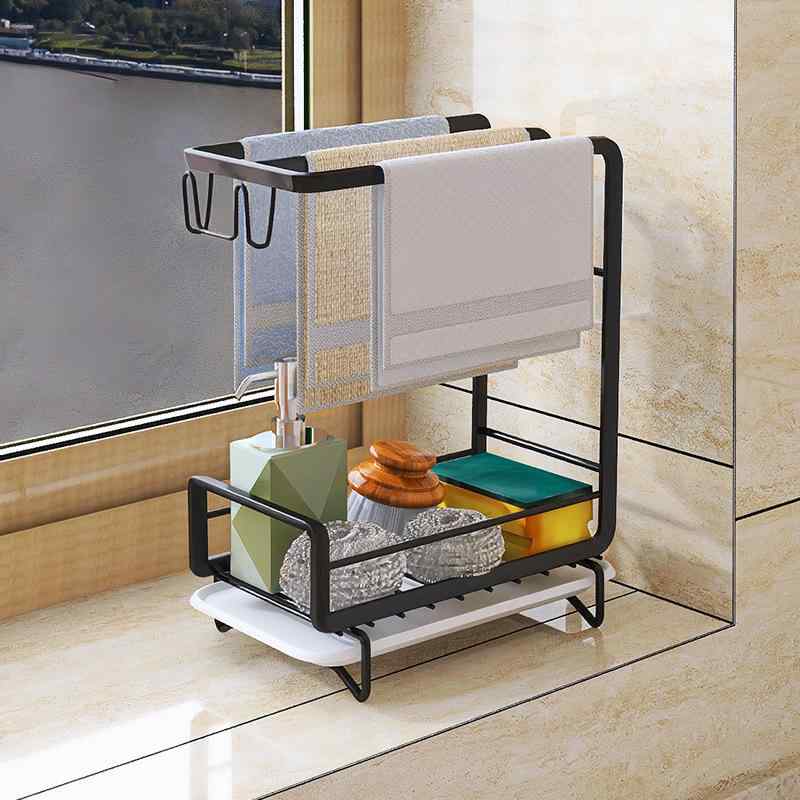 キッチン スポンジ ラック 洗剤置き場 たわし置き 雑巾掛け 皿乾燥ラック 石鹸 水切りトレー 炭素鋼 ゴ..