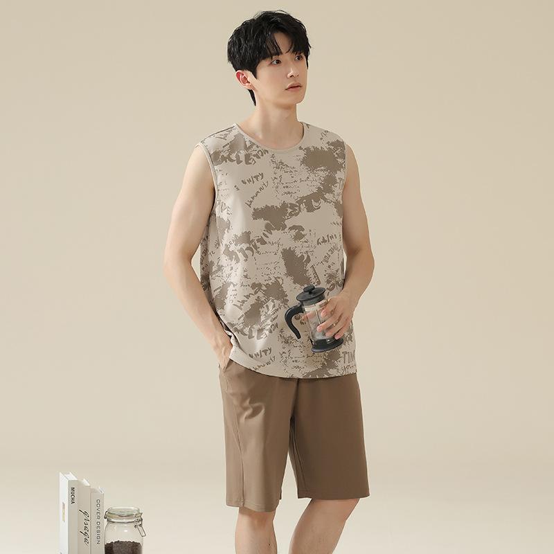 メンズ パジャマ 上下セット 綿 ノースリーブ タンクトップ ハーフパンツ 部屋着 ルームウェア 涼感 吸..