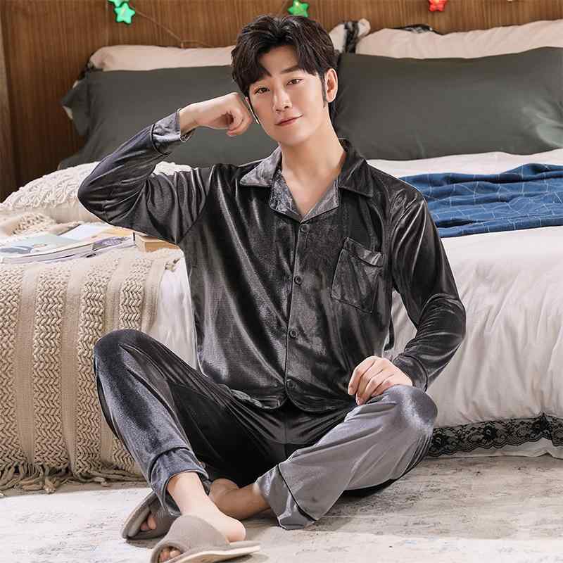 パジャマ メンズ 秋冬 長袖 纯色 翻襟 金糸 ベロア 韓国風 シンプル ファッション 部屋着 大きいサイズ 上下セット ポリエステル 厚手 保温 快適 ブラック グレー ワインレッド ロイヤルブルー
