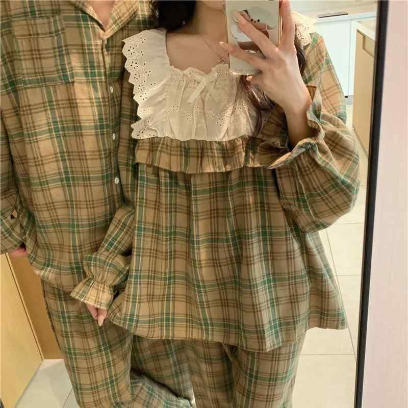 パジャマ レディース メンズ 秋冬 長袖 ネル チェック柄 綿混紡 部屋着 ルームウェア 上下セット カップル ペアルック かわいい ゆったり 襟付き 快適 リラックス