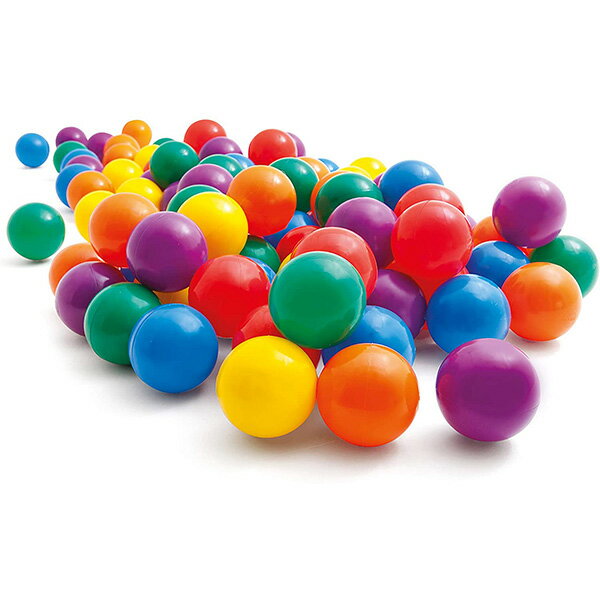 直径6.5cmのボールプール用のボール、たっぷり100個入りです。 お片付けに便利なバッグ入り！ ボールの材質はゴムではありません。柔らかいプラスチックになります。 ※バッグのデザインがリニューアルされている場合がございます。 6色カラー(赤、緑、青、黄、橙、紫) 発売日： パッケージサイズ： 使用電池：不要 対象年齢：2歳以上 メーカー：INTEX(インテックス) 種類：おもちゃ 玩具