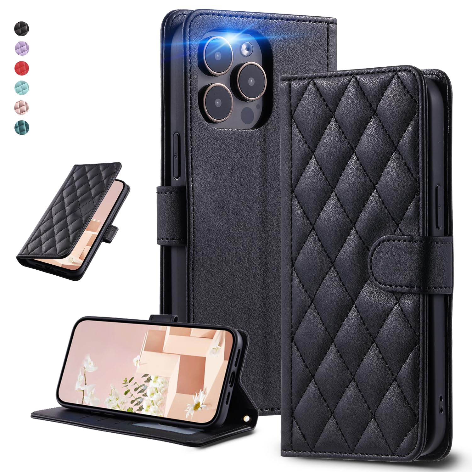 【送料無料】UnivoColors iPhone 13 Pro キルティングレザー調 手帳型ケース エレガント 高質PU マグネット開閉式 カード収納機能 スタ...
