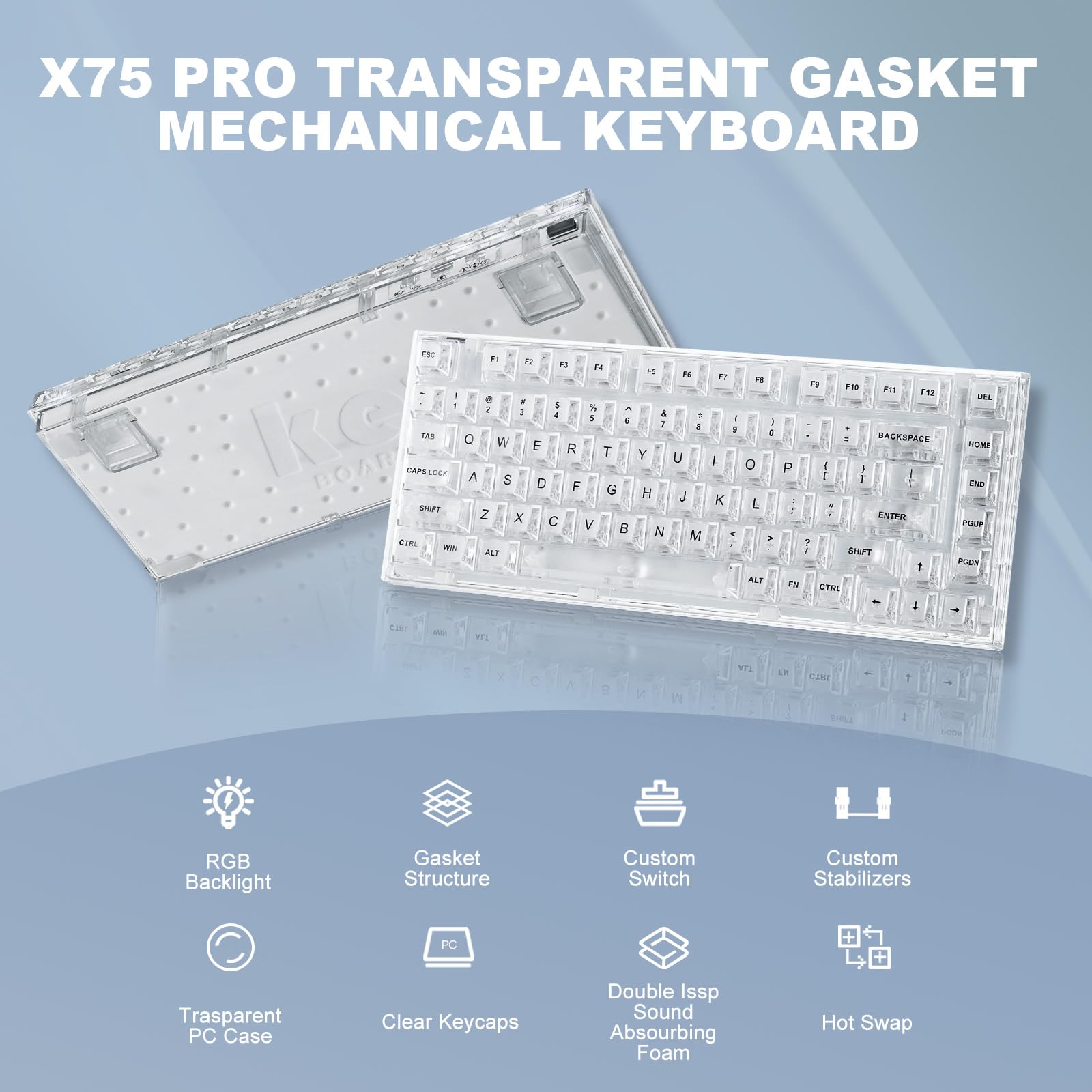 YUNZII X75 PRO 82キーワイヤレス ホットスワップ対応 英語配列 メカニカルゲーミングキーボード 透明キーキャップ BT5.0/2.4G/USB-C ガスケット装着キーボード Windows/Mac用 技適認証取得 (クリスタルホワイト軸、無線ホワイト）