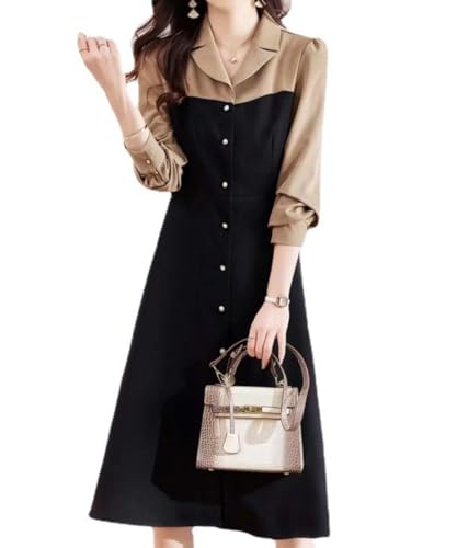 【送料無料】[Elixio] [エリクシオ] レディース ワンピース 長袖 秋 秋物 襟付き きれいめ 上品 ミモレ丈 膝下 Aライン ウエストマーク バイカラー 黒 ブラック オフィスカジュアル 通勤 デート
