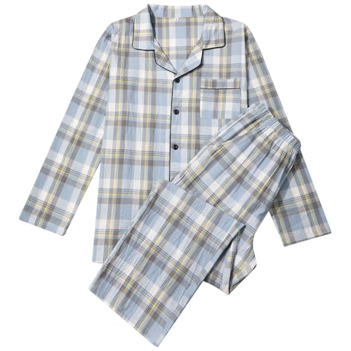 【送料無料】[Sumolux] パジャマ メンズ 綿100％ 春 長袖 前開き ガーゼ ルームウェア 上下セット チェック柄 柔らかい 吸汗通気 春夏秋 部屋着 入院着