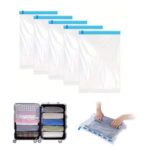 【送料無料】Hoxhyon 圧縮袋 旅行 衣類圧縮袋 40*60cm（5枚）約80％圧縮 ブルー 真空あっしゅく袋 掃除..