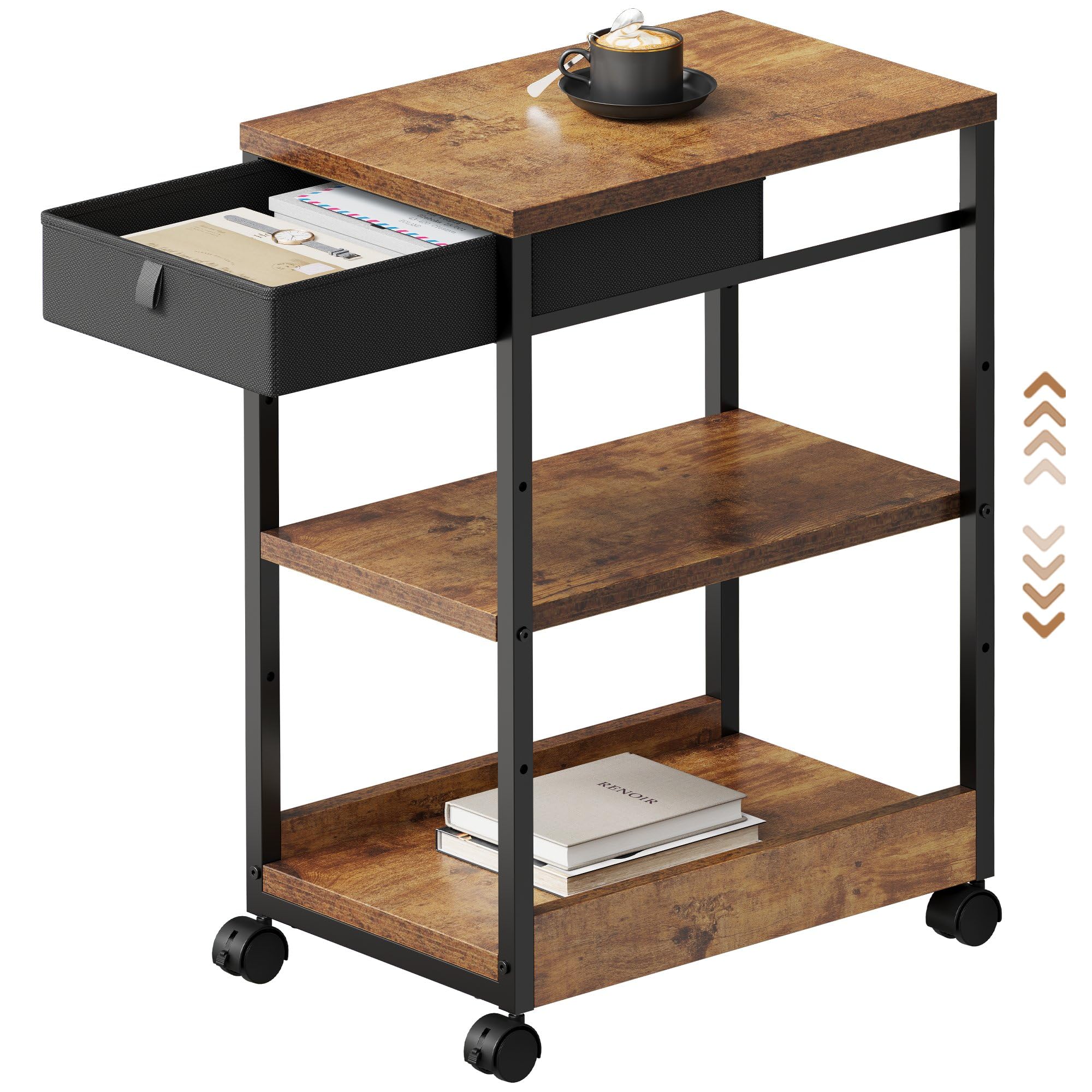 【送料無料】YeTom パソコンラック サイドワゴン 引き出し付き サイドテーブル pcラック キャスター付き pcワゴン 板は調節可能 プリンター 袖机 PC本体収納 袖机 幅300*奥行480*高さ680mm ビンテージ