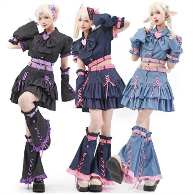 ロリータ風 ゴスロリ 地雷系 コスプレ 衣装 Y2K ファッション デニム セット衣装 ミニスカート ゆめかわいい 森ガール 萌え メンヘラ 黒 水色 ピンク ハロウィーン 仮装