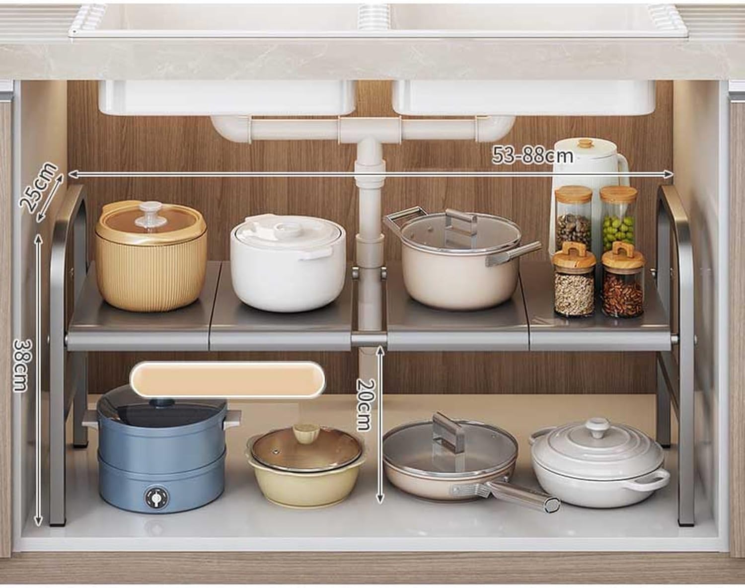 伸縮シンク下ラック 2段 キッチンラック 53*25*38C 伸縮 収納ラック シンク下収納...