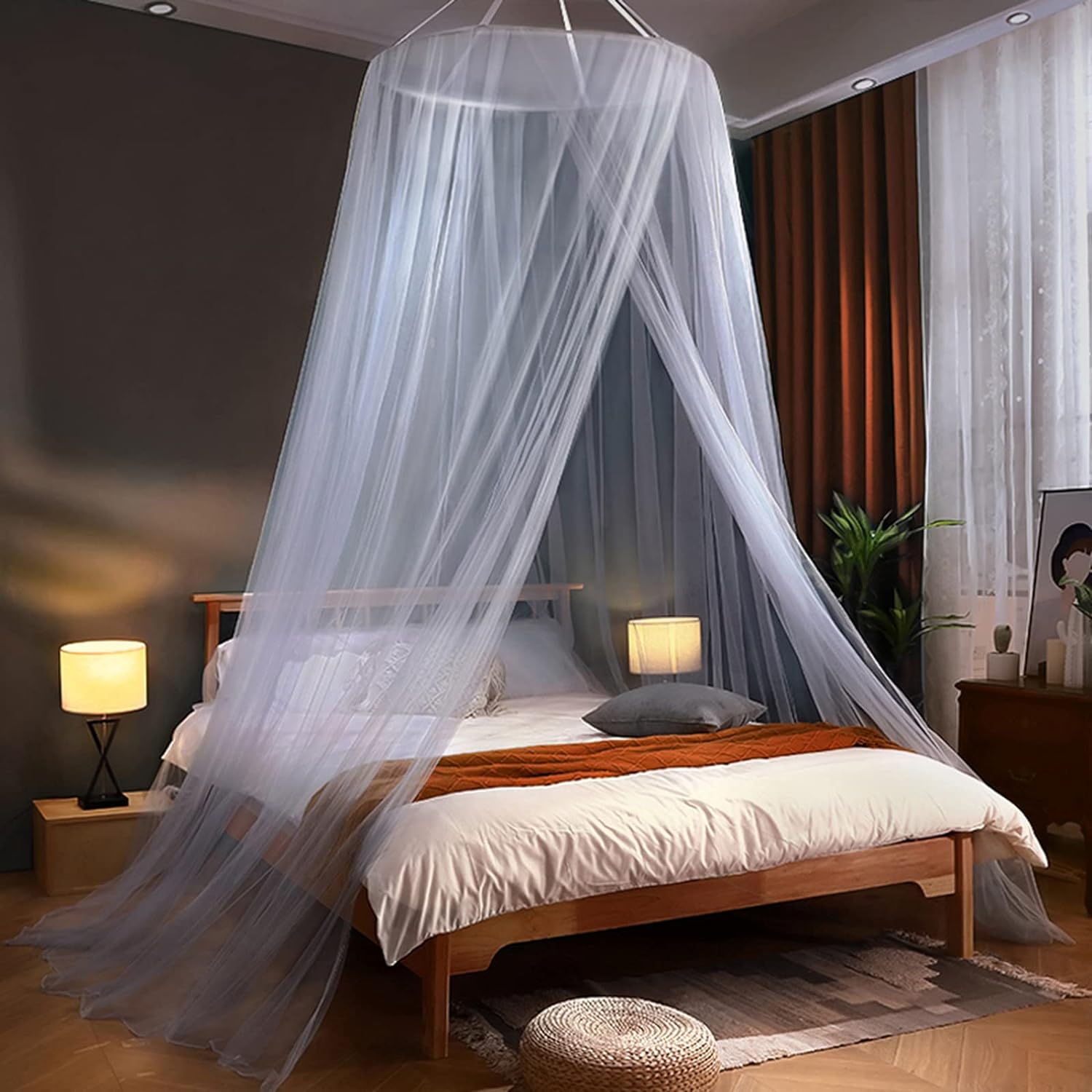 蚊帳 天蓋 カーテンモスキートネット お姫様気分 オシャレ 円柱形 吊り下げ かやフック付き プリンセス..