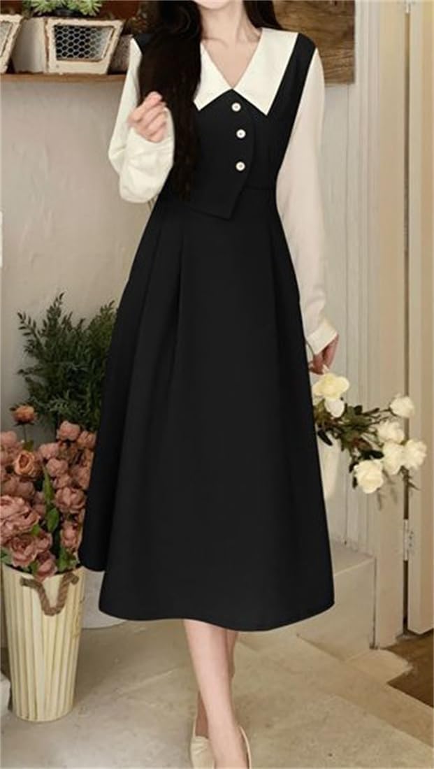 ワンピース レディース バイカラー ワンピース シャツワンピース 長袖 Vネック ロング Aライン ウエスト フリル ワンピース 春秋 薄手 エレガント 着痩せ 大きいサイズ ゆったり ド