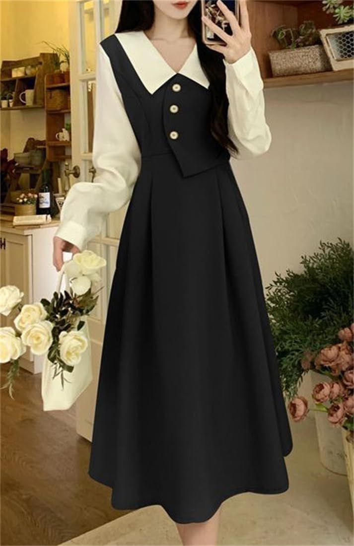 ワンピース レディース バイカラー ワンピース シャツワンピース 長袖 Vネック ロング Aライン ウエスト フリル ワンピース 春秋 薄手 エレガント 着痩せ 大きいサイズ ゆったり ド