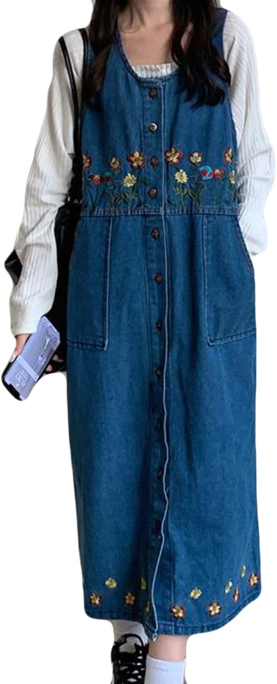 サロペットスカート レディース デニム オーバーオール ワンピース 刺繍 ロングワンピース チュニック カジュアル ドレス 春 夏 秋