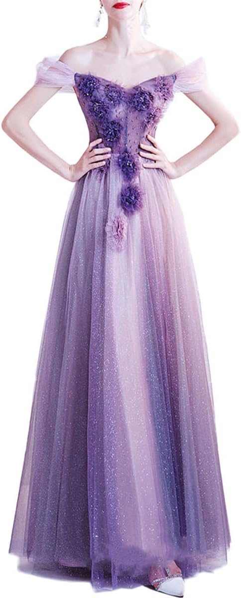 レディース チュール ドレス イブニングドレス 宴会ドレス ショルダーレスドレス パフォーマンス コーラス ホスト 発表会 演奏会 二次会 グラデーション 花柄 刺繍 着痩せ エレガント マキシ丈 パ