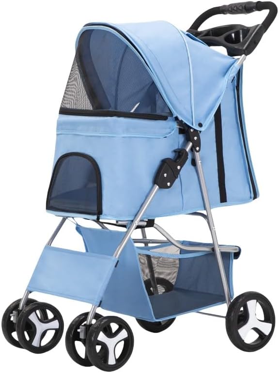 ペットカート ベビーカー 犬 バギー:小型犬 中型犬 猫 多頭 カート 4輪 軽量コンパクト 前輪360°回転 後輪ブレーキ付き 折りたたみ 組み立て簡単 耐荷重15Kg (H)