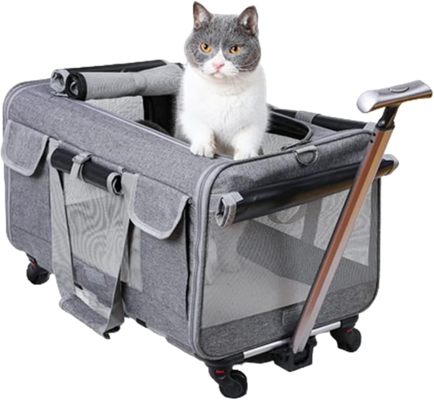 猫 キャリーバッグ 60*39*44cm ペット キャリーカート 猫用 キャリー カート 2匹猫用 キャスター付き スーツケース ポータブルペットスーツケース 大容量 通気性 拡張可能 犬 猫兼用 リ