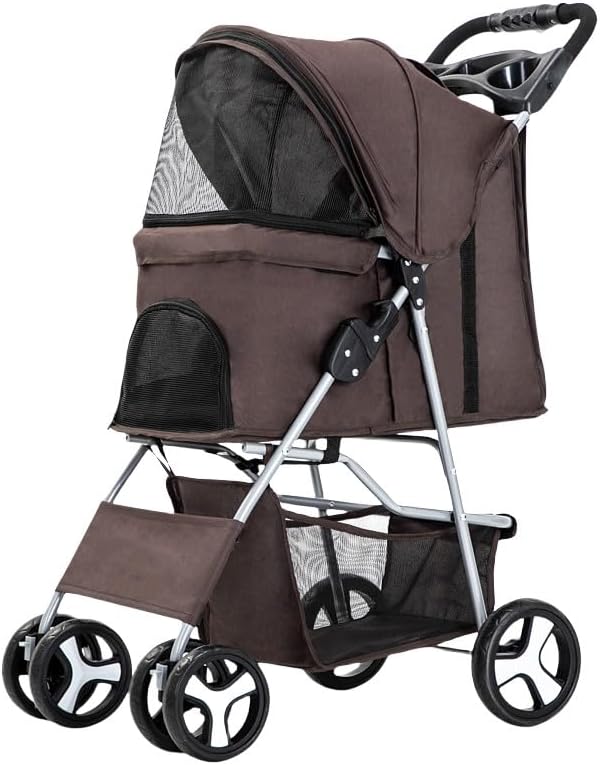 ペットカート ベビーカー 犬 バギー:小型犬 中型犬 猫 多頭 カート 4輪 軽量コンパクト 前輪360°回転 後輪ブレーキ付き 折りたたみ 組み立て簡単 耐荷重15Kg (D)