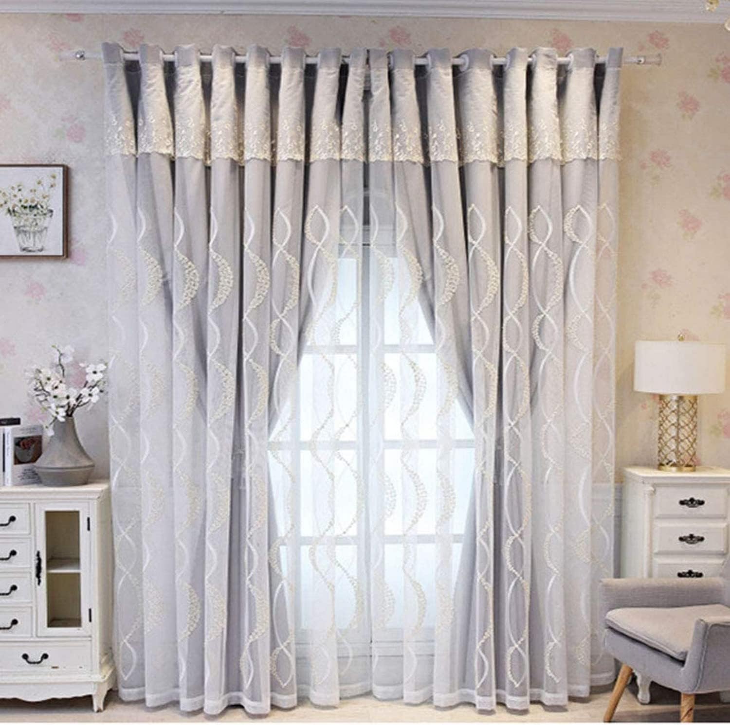 カーテン遮光カーテン二重層チュール、遮光白刺繍レイヤードソリッドドレープバランスパネル、リビング..