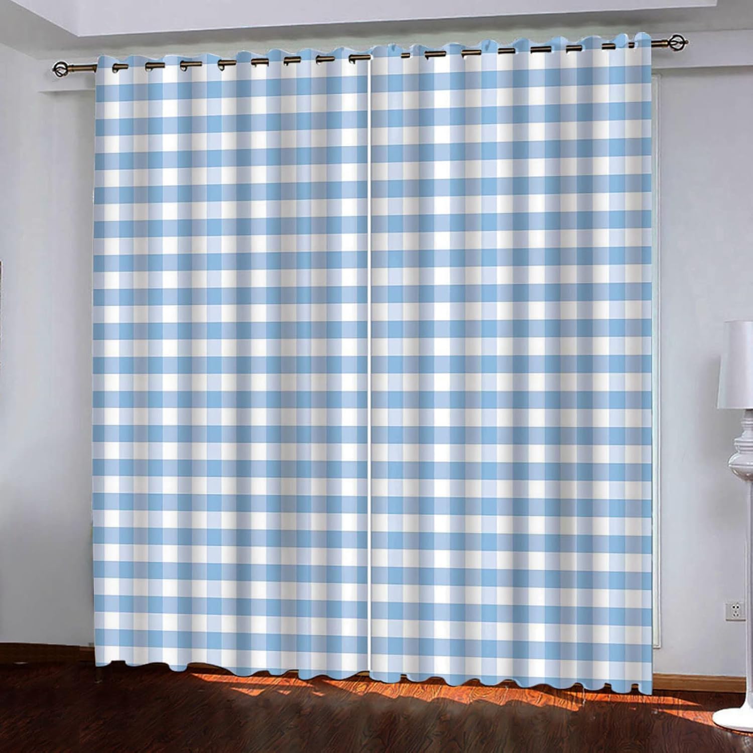 遮光カーテン ブルー&チェック 3D プリント ウィンドウカーテン ウィンドウドレープ 大人 レディース ..