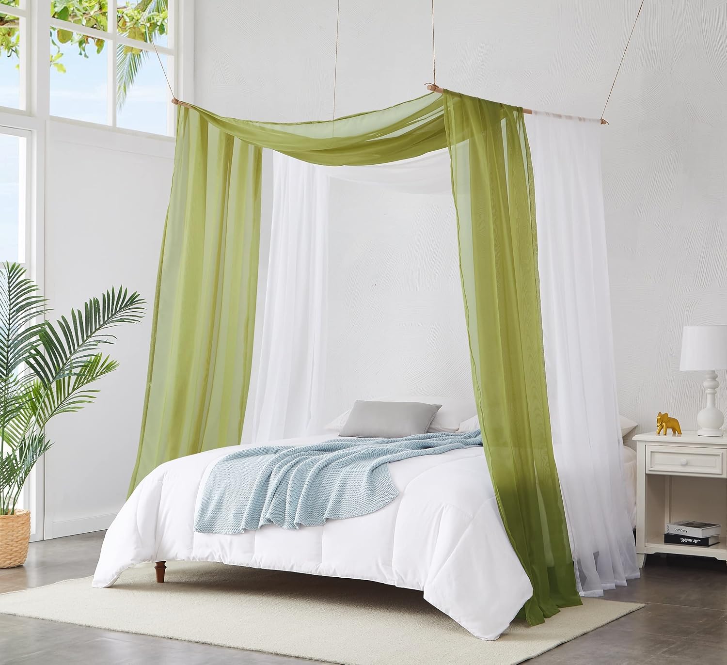 ホワイト&セージグリーン キャノピーベッドカーテン 2枚セット 55 x 360インチ サイズ キングベッドキャノピーカーテン2枚 子供用ベッドテントまたはベッドキャノピーに