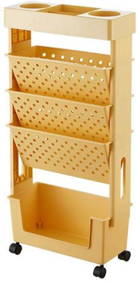 サイドワゴン 本棚 書類ワゴン キャスター付き 5段 収納ラック 大容量 スリム サイドテーブル デスク収納 デスクワゴン オフィス収納 ファイルワゴン-イエロー||フリーサイズ