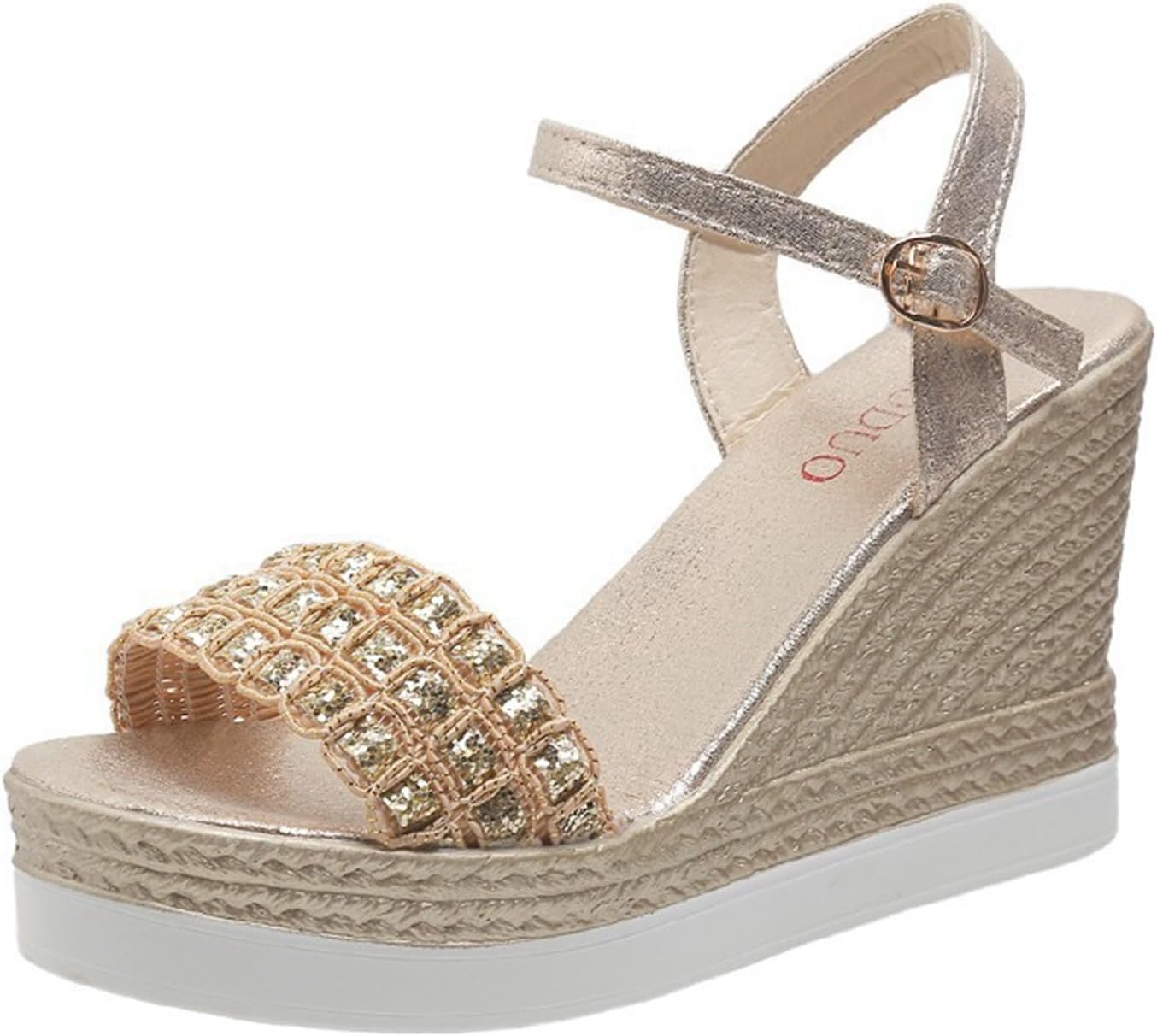 ウェッジサンダル 編み込み風 レディース ハイヒール 10cm厚底 ストライプサンダル 光沢感 フェ ...