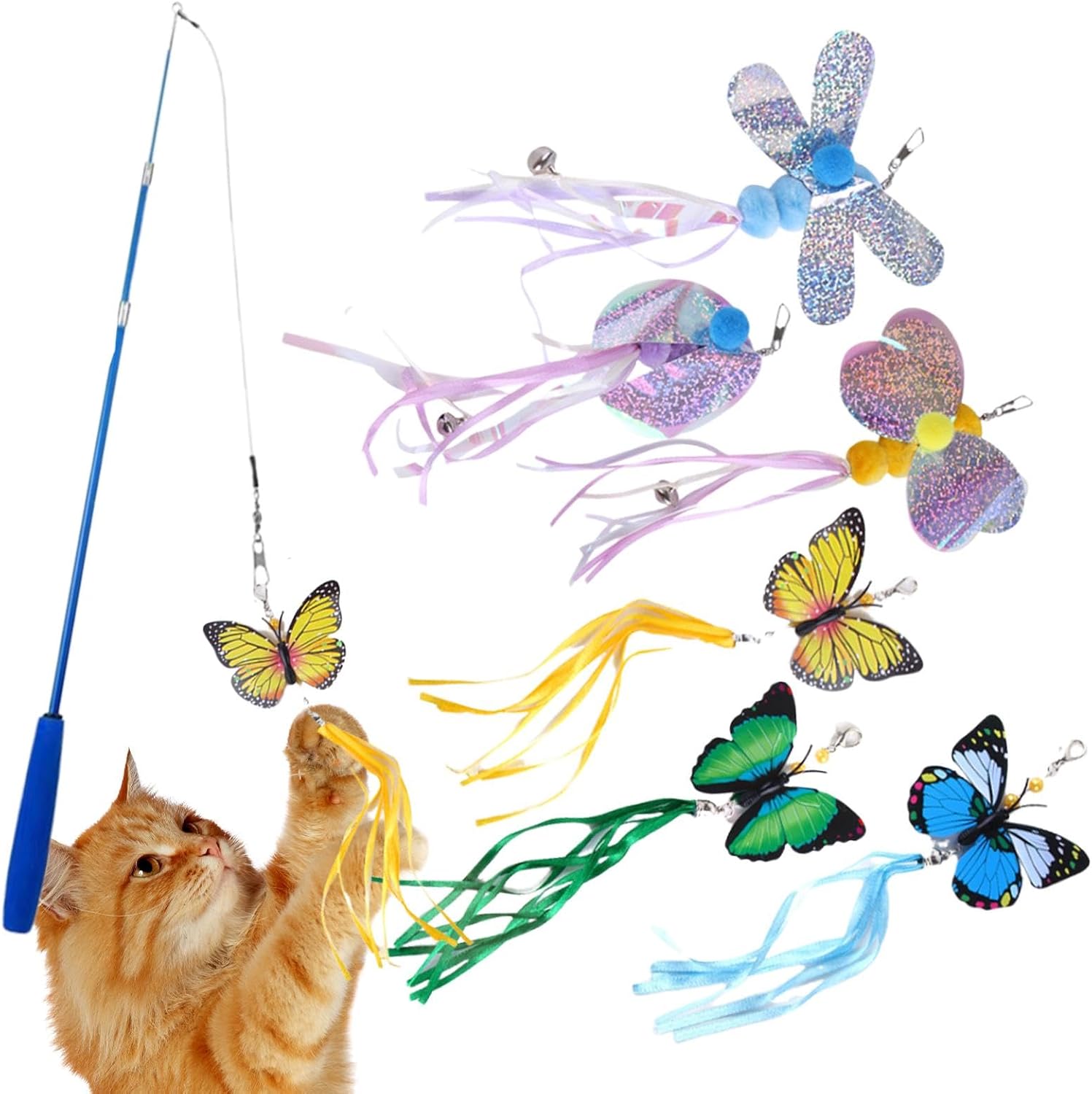 猫じゃらしスティック、羽付き猫おもちゃ - 子猫釣り竿アタッチメントおもちゃセット - 面白い子猫の羽..