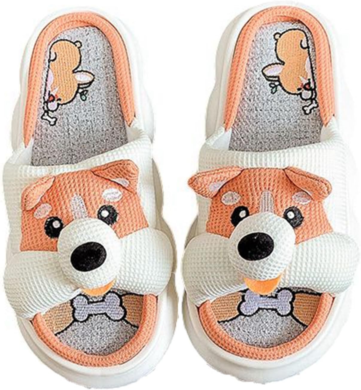 リネンスリッパ 亜麻 犬 可愛い カートゥーン 厚底 クッション性 ハウススリッパ ルームシューズ 室内履き替え 男女兼用 サラサラ 通気吸汗 静音性 滑らない 抗菌防臭 耐摩耗性 夏用 室内はき