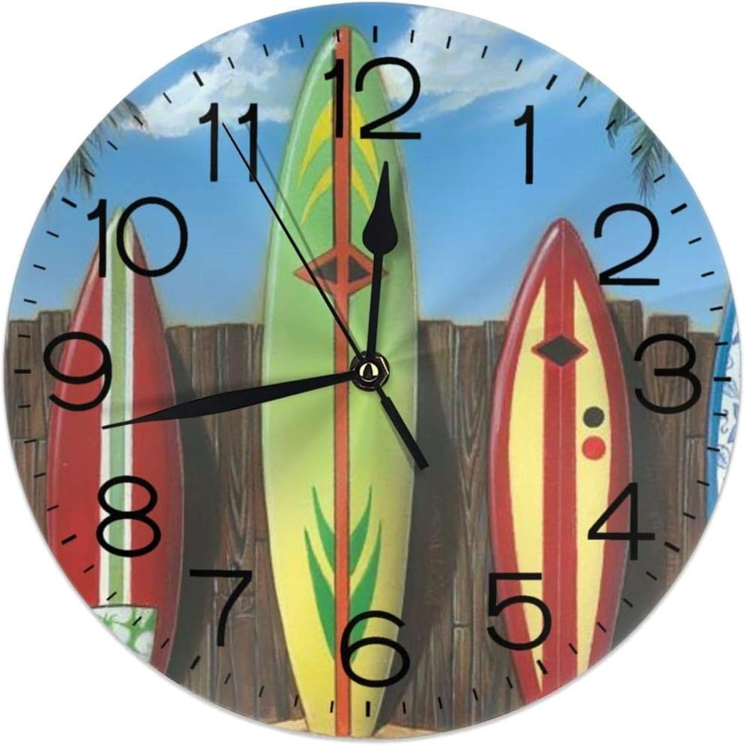 掛け時計 連続秒針 壁掛け時計 パームビーチサーフボード 静音 おしゃれ 引越 置き時計 新築 お礼 出産 部屋装飾 サイレント 昇進 プレゼント 退職 新生活 開業 インテリア 壁 円形