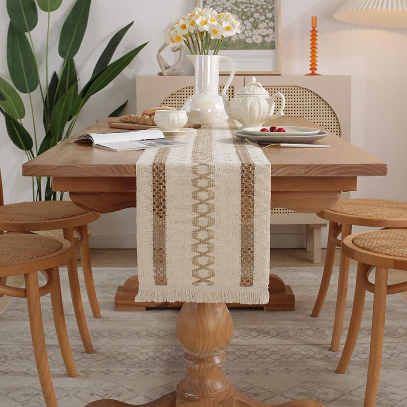 テーブルランナー 欧風レース縁取り タッセル付 30*220cm テーブルセンター クロス マット 食卓 リビン..