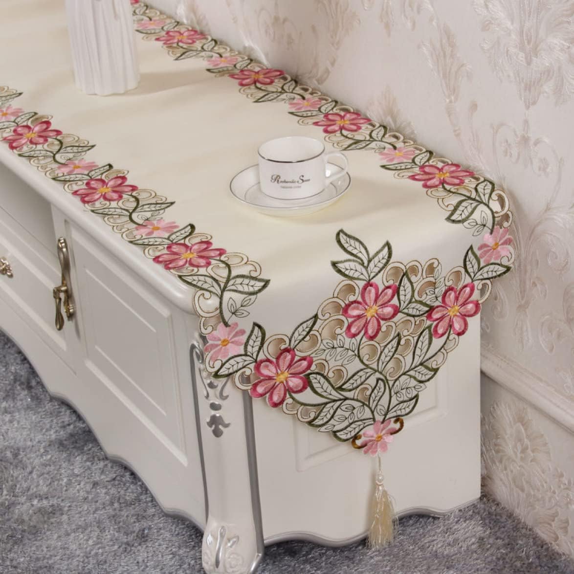 レースフラワー テーブルランナー 40*290cm テーブルフラグ 食卓カバー ピンク テーブルランナー セン..