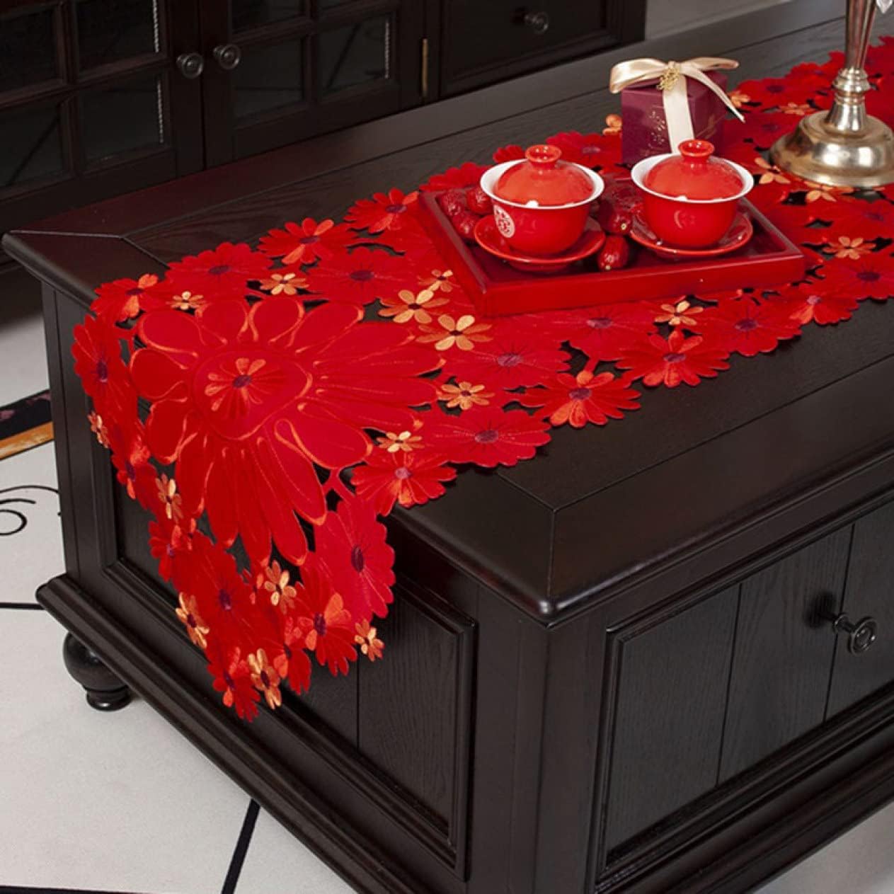 食卓ランナー 防汚機能 速乾性 テーブルランナー 透かし彫り フラワー テーブルセンター 布 花柄 テーブルウエア 食卓ランナー 40*265cm タッセルなし 花柄 刺繍 レッド 食卓飾り エレガン