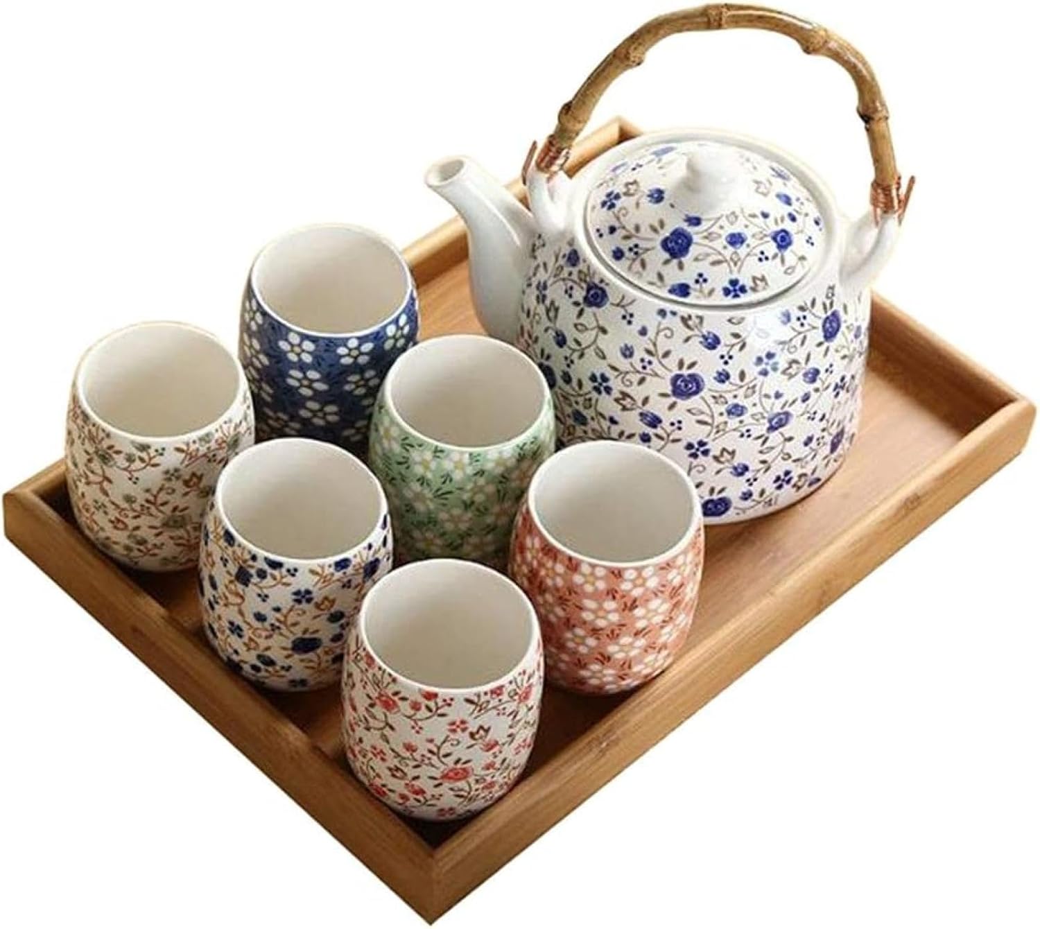 急須 湯呑み 茶托 8点セット 茶器セット ティーポット 茶器揃 花柄 和風 茶具 煎茶碗 陶磁 自宅用 プレ..
