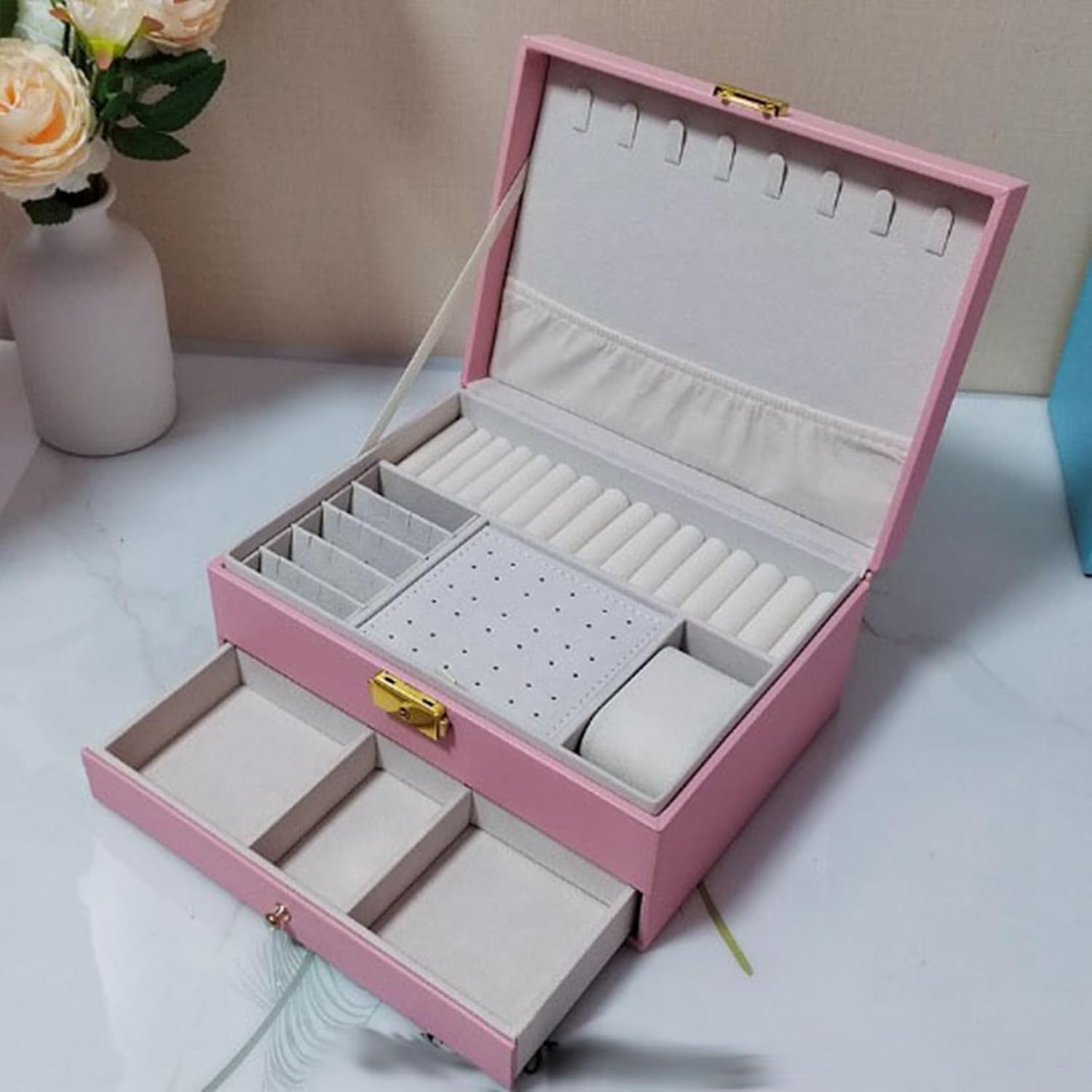 ジュエリーボックス アクセサリーケース 2 層 大型 宝石箱 レザー ピアス 腕輪 ビーズ 広々とした 卓上 エレガント アンティーク レディース 引き出し式 防塵 収納に便利 ディスプレイ用