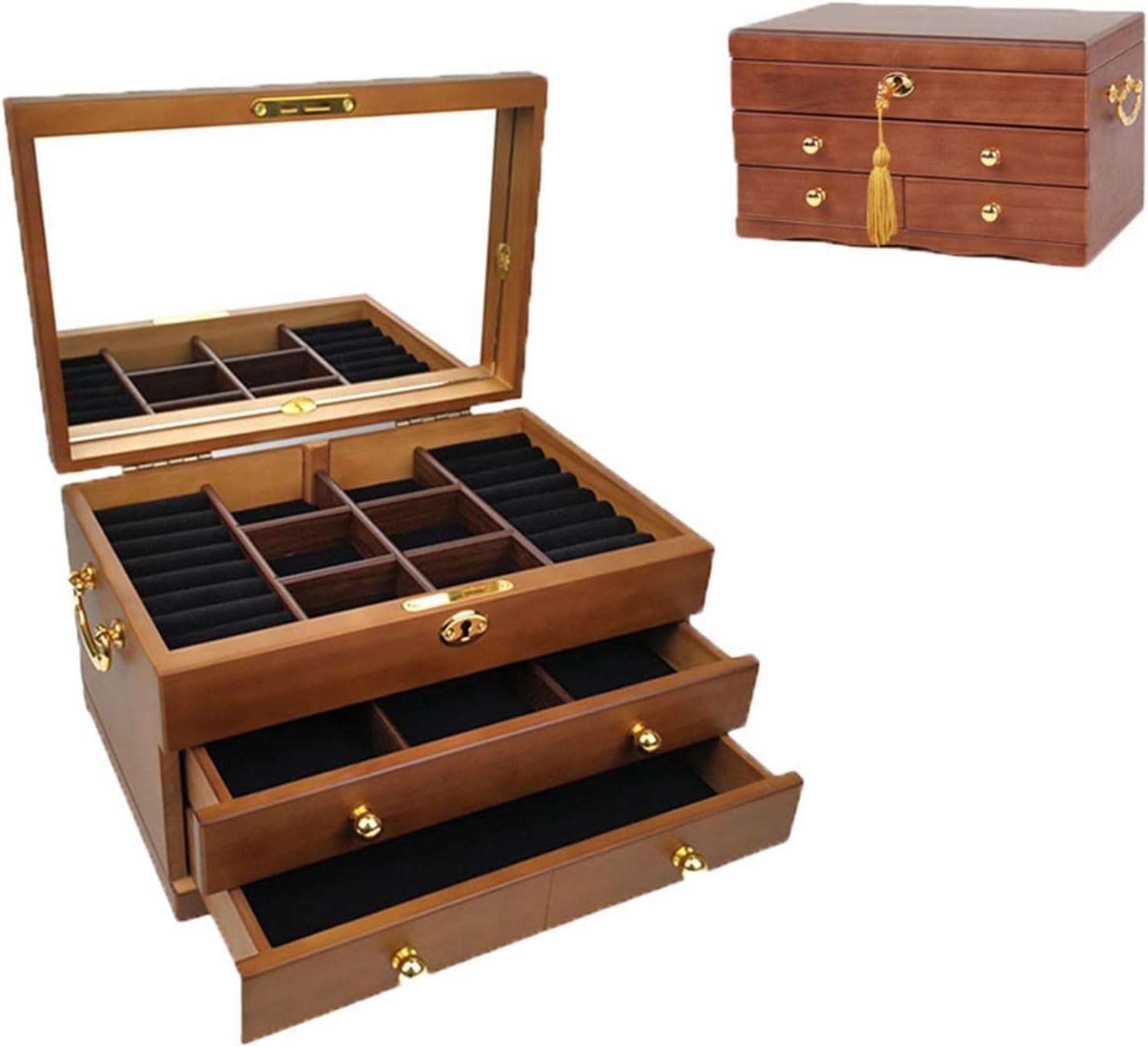 宝石箱 ジュエリー エレガント 鏡付き 3 層 大型 ケース 木製 指輪 リング ペンダント 広々とした 卓上 女性 ドレッサー引き出し用 収..