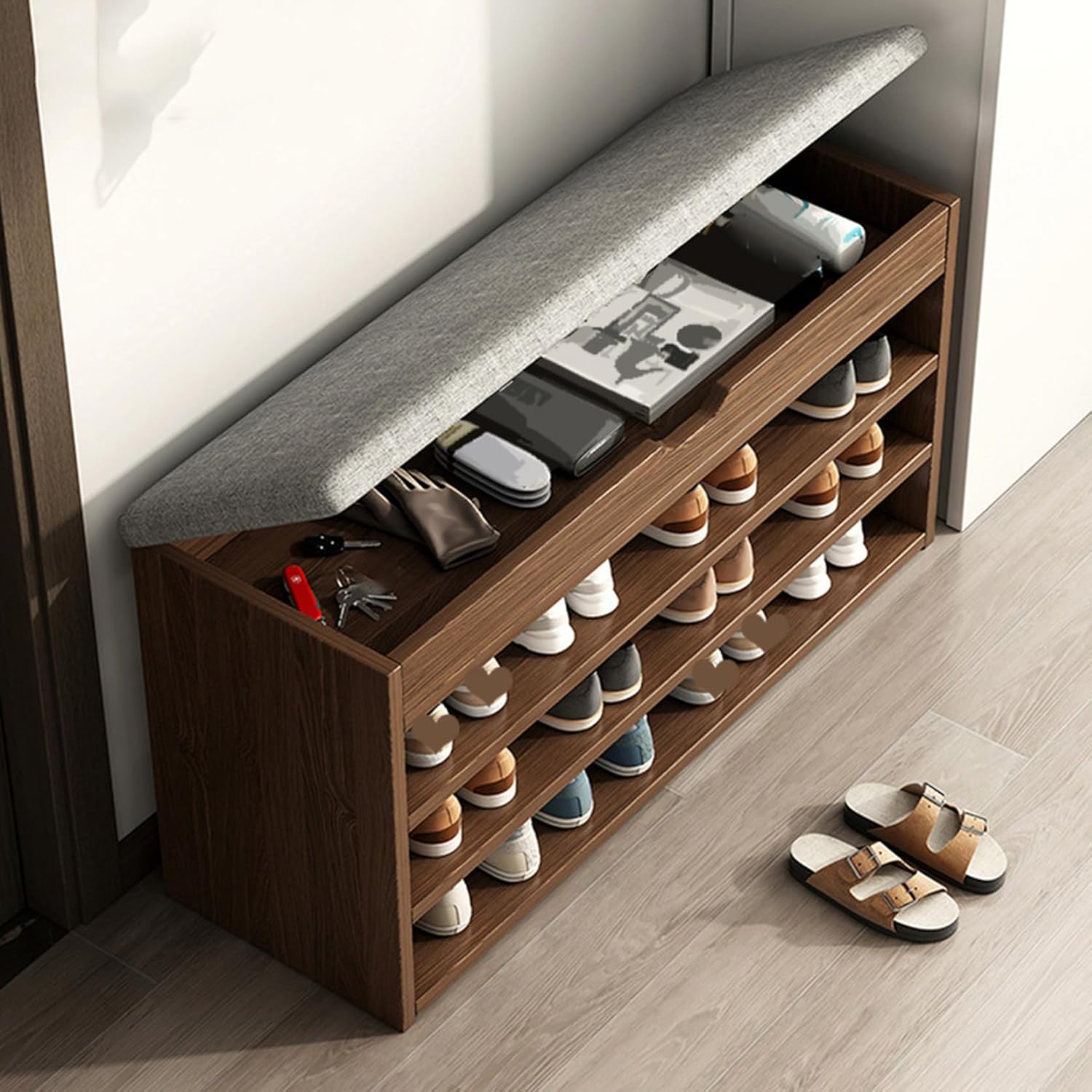 収納ベンチ 玄関ベンチ タイプ5 玄関スツール フラップ式 3段 下駄箱 靴箱 靴入れ 80*30*51m シューズ..