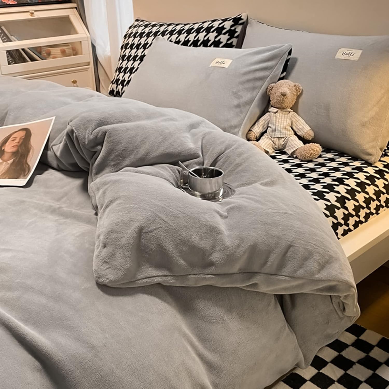 掛布団カバー シングル ダブル パッチワーク 千鳥格子 3/4点セット 起毛 無地 秋冬 フランネル 寝具カバー もこもこ ふわふわ 枕カバー ベッドシーツ 静電気防止 着脱簡単 毛玉しない 洗濯可