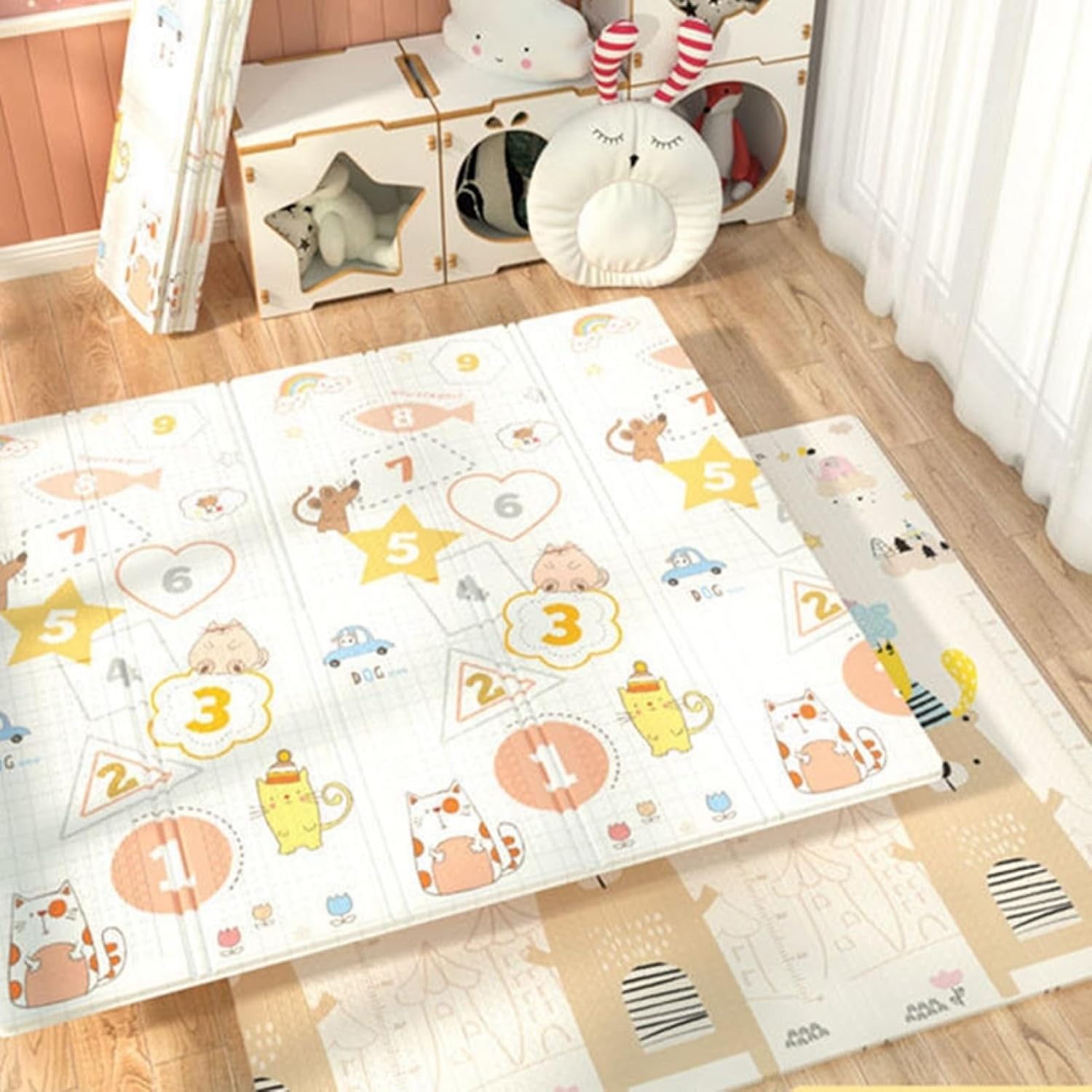 ベビープレイマット 遊びマット 赤ちゃん 折りたたみ 防音 防水 安全素材 両面使用 子供ゲームパッド 遊びカーペット 速乾 早期教育 キッズ ベビー 子供用 出産祝い 収納便利 家庭用 1.8m*2