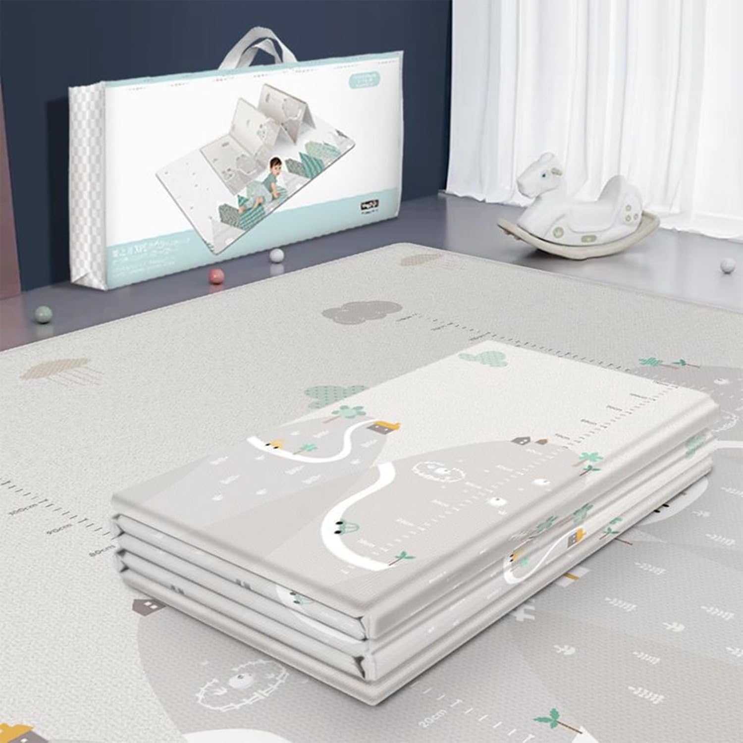 プレイマット 遊びマット 身長メジャー ツリー グレー 200*180 両面使用 可愛い ベビー 折り畳み式 ベビープレーマット 滑り止め 防水 ベビーマット ゲームパッド 持ち運びやすい XPE素材