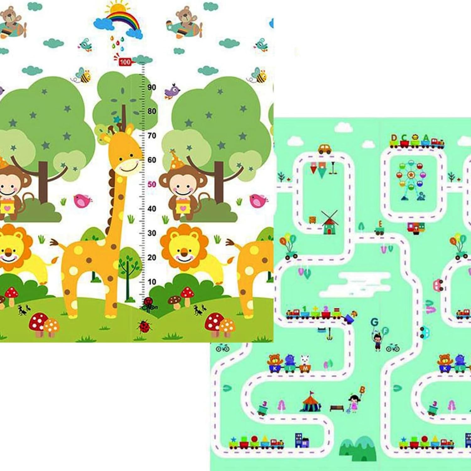 ベビープレイマット 遊びマット 赤ちゃん 遊びカーペット 身長メジャー XPE クッション 折り畳み 道路柄 動物 リバーシブル 玩具敷物 両面使用 キッズ ベビー 子供用 知育玩具 ベッドサイズ 2