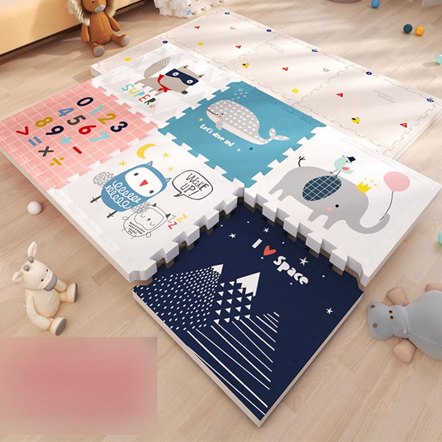 ジョイントマット 動物柄 カーペット プレイマット 子供部屋 リバーシブル 赤ちゃん クッション 床保護 厚め 床暖房対応 滑り止め 防音 抗ウイルス お手入れ簡単 自由に組み合わせ ふち付き 6枚5