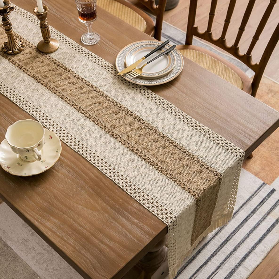 テーブルランナー 北欧 おしゃれ 帯 モダン アンティーク 洗える 撥水 ブラウン 防水 長さ 白AA デザイ..