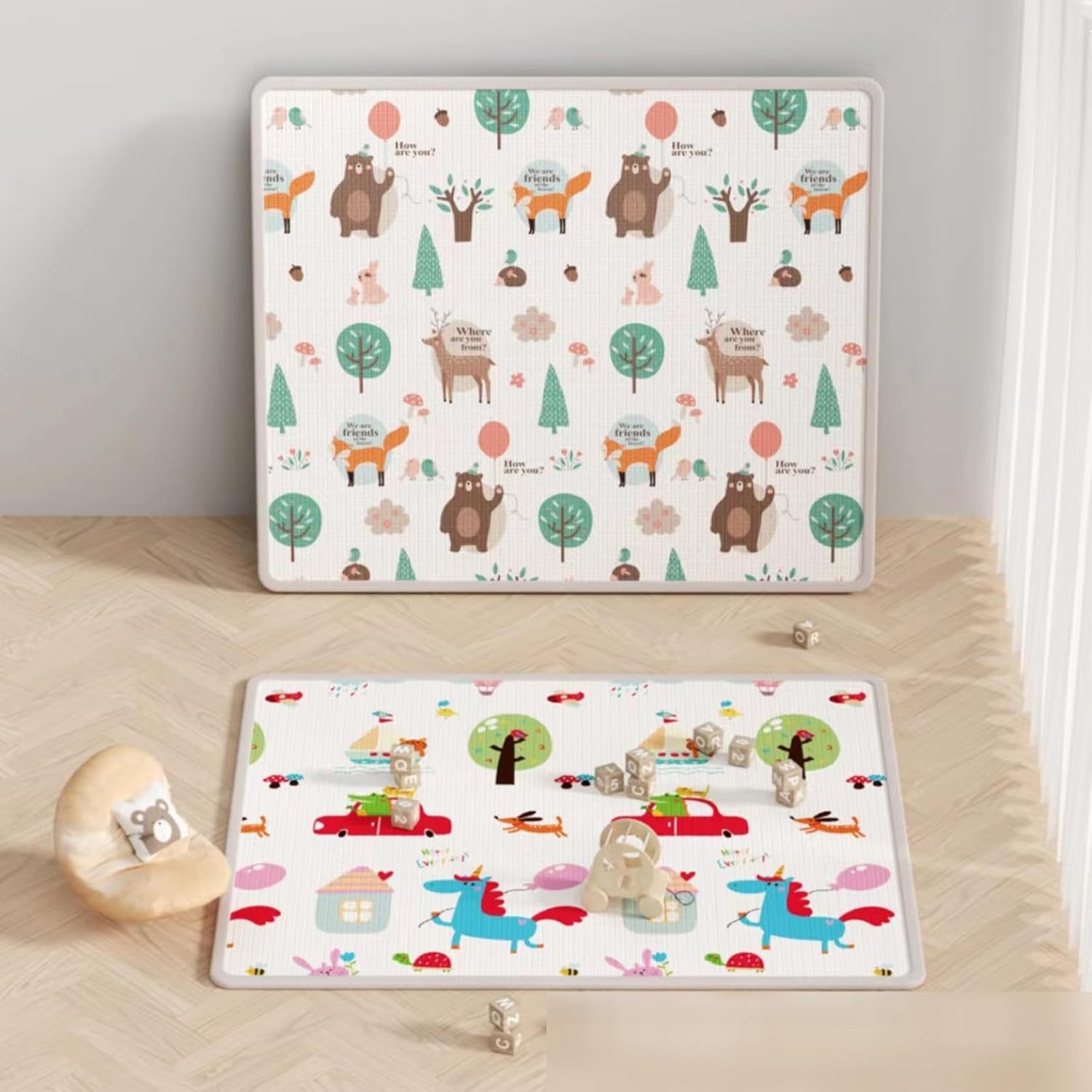 ベビープレイマット 折り畳み式 可愛い 両面パターン 衝撃緩和 転倒防止 ルームマット 滑り止め 防水 遊びマット フロアマット プレイマット 両面使用可 出産祝い 自宅 お昼寝マット プレゼント 1