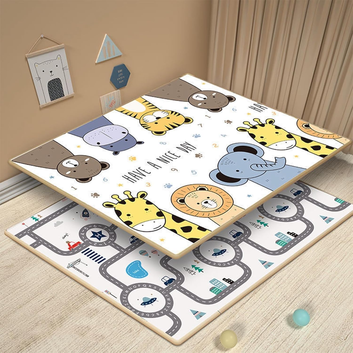 ベビープレイマット 折り畳みマット 子供 遊びマット ゲームパッド 可愛い リバーシブル 両面使い 防音防水 ジム 滑り止めパッド 折りたたみ 遊びカーペット 厚手 両面使用 ベビージム 無毒 180