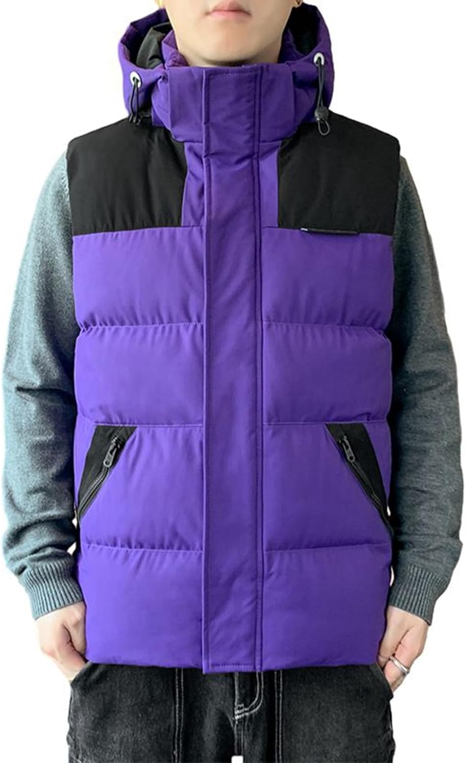 中綿ベスト メンズ バイカラー 秋冬ベスト ダウンコットン フード付き 立ち襟 防寒対策 暖か チョッキ ..