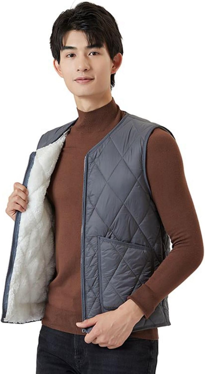 ダウンコットンベスト メンズ 大きいサイズ Vネック 襟なし アーガイル柄 ポケット付き ベスト ジップアップ インナーベスト 中綿ベスト 厚手 保温 無袖 保...