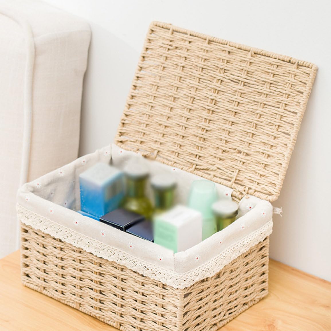 収納ボックス ふた付き かご バスケット 柳 小物入れ おしゃれ かわいい 収納バスケット トイレットペーパー 収納 北欧風 小物入れ 化粧品 タオル 収納ケース 編み籐 ベージュ3 靴下パンツ収納