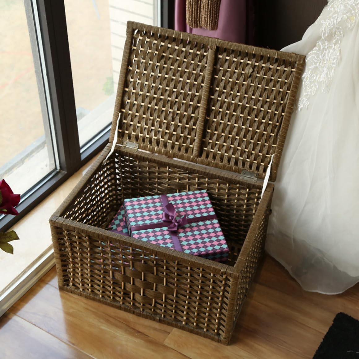 収納 小物入れ モカ色2 フタ付きバスケット ナチュラル 収納ボックス ラタン ボックス 収納ケース 収納 かご バスケット おもちゃ収納 ふた付き L 籠 蓋付き 洗濯かご 収納かご 蓋つき 脱衣か