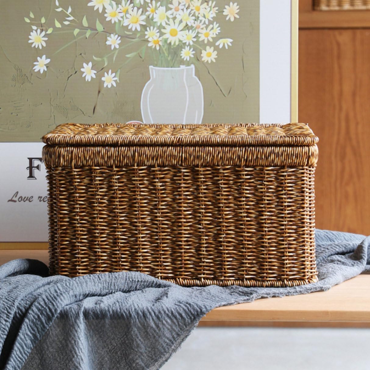 ふた付きバスケット フタ付き 収納ボックス 収納バスケット かご 北欧 雑貨収納 収納ケース 小物入れ ボックス 籐 ラタン モカ色1 事務用品収納 靴下収納 M おしゃれ 衣類収納 編み 蓋付き 籠