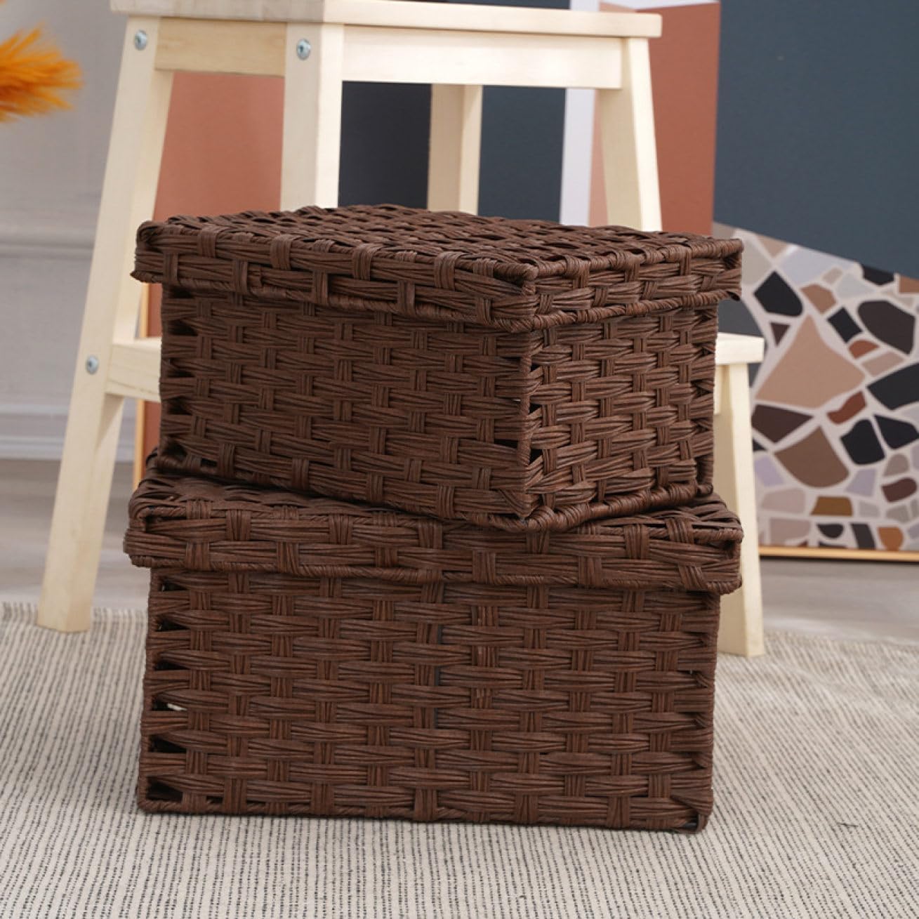 フタ付き 収納ボックス ナチュラル 和風収納ボックス 収納バスケット 37*27*19 蓋付き 収納かご 収納カゴ 籠 様式1 小物入れ 小物収納 引き出し 雑貨収納 アジアン 北欧インテリア おしゃ